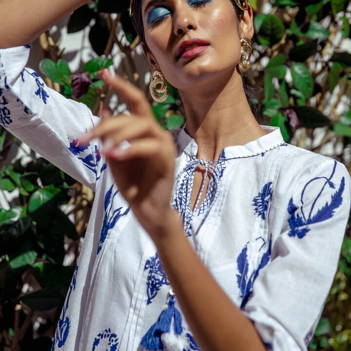 WHITE HAND BLOCK PRINTED TUNIC DRESS