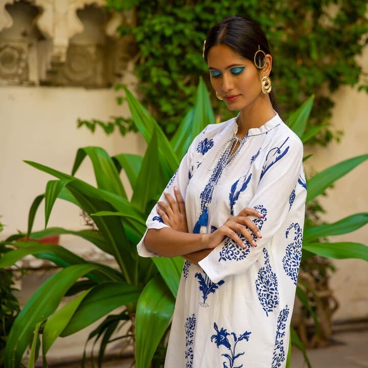 WHITE HAND BLOCK PRINTED TUNIC DRESS