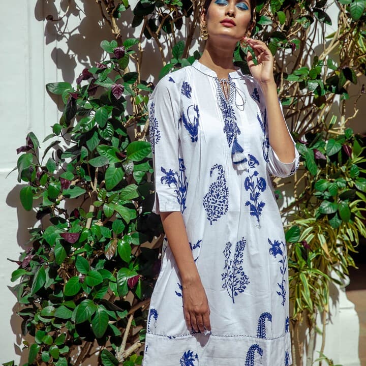 WHITE HAND BLOCK PRINTED TUNIC DRESS