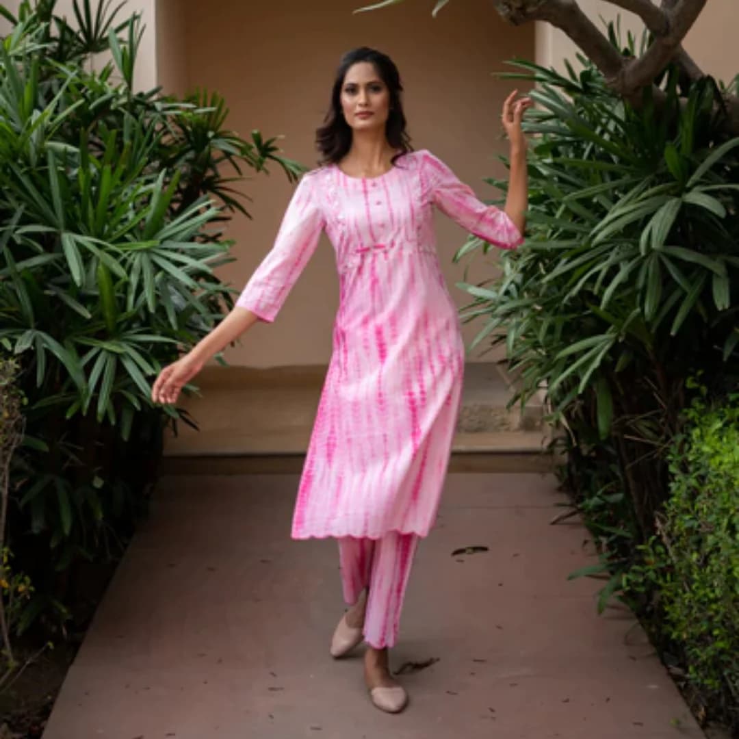 TIE AND DYE BLOCK PRINTED KURTA PANT SET