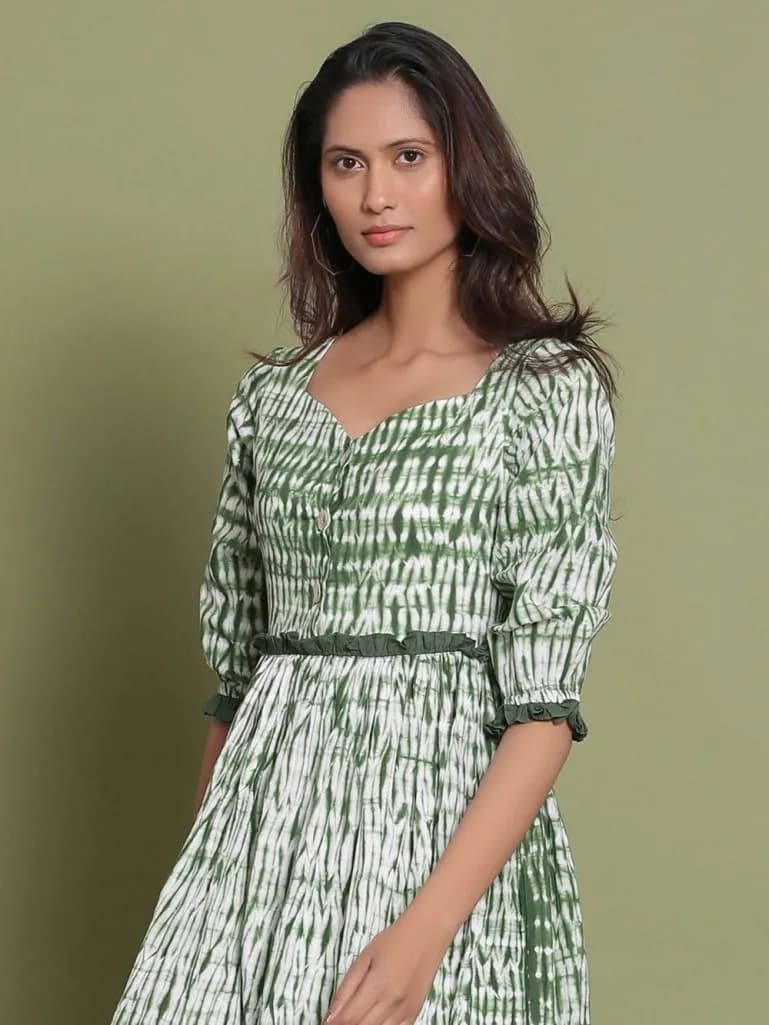 GREEN TIE AND DYE COTTON MAXI DRESS