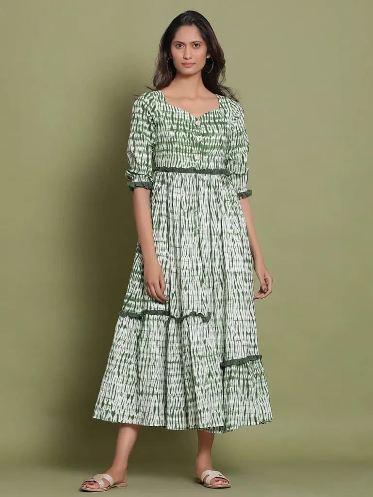 GREEN TIE AND DYE COTTON MAXI DRESS