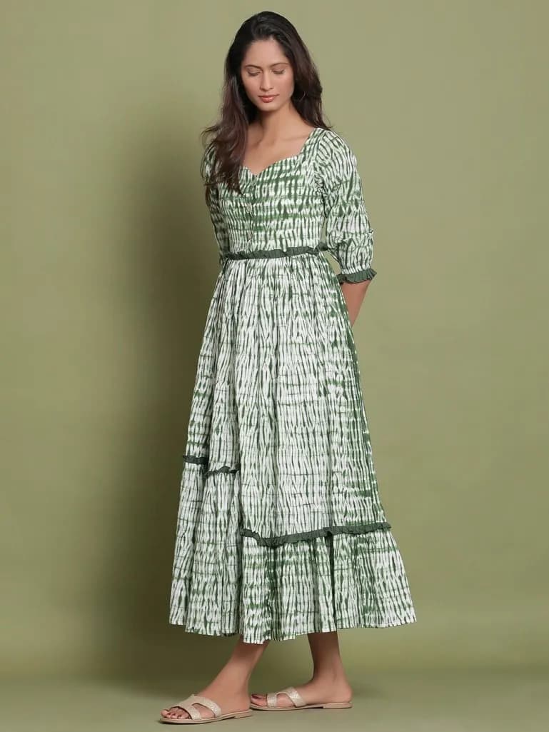 GREEN TIE AND DYE COTTON MAXI DRESS