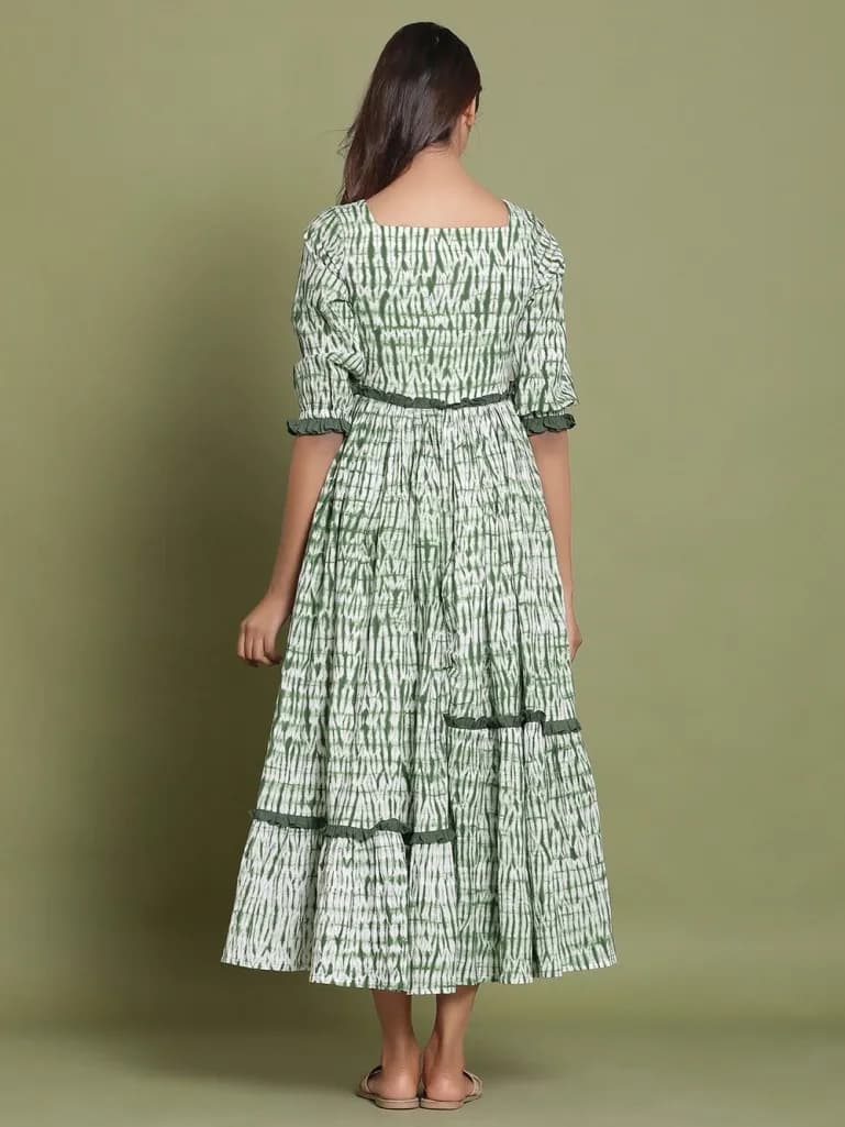 GREEN TIE AND DYE COTTON MAXI DRESS