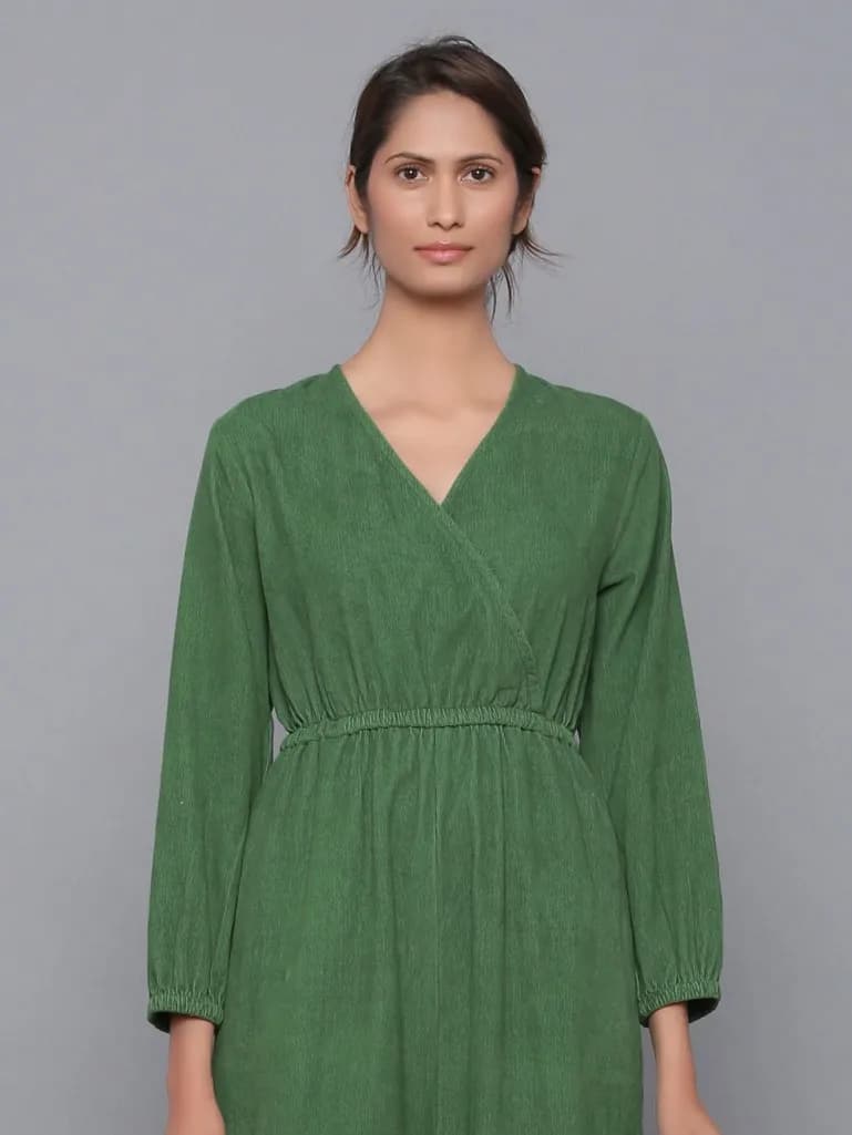 GREEN V NECK COTTON JUMPSUIT