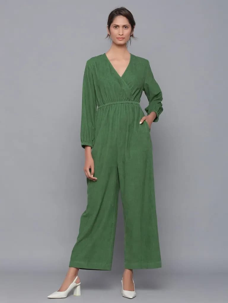 GREEN V NECK COTTON JUMPSUIT