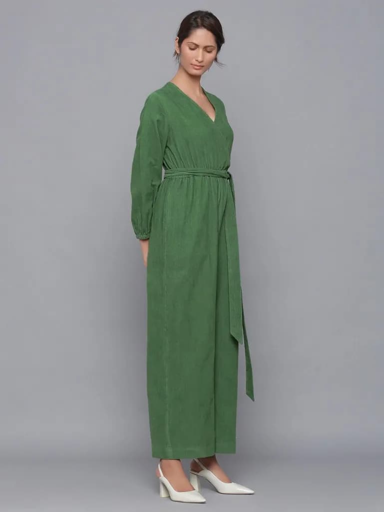 GREEN V NECK COTTON JUMPSUIT