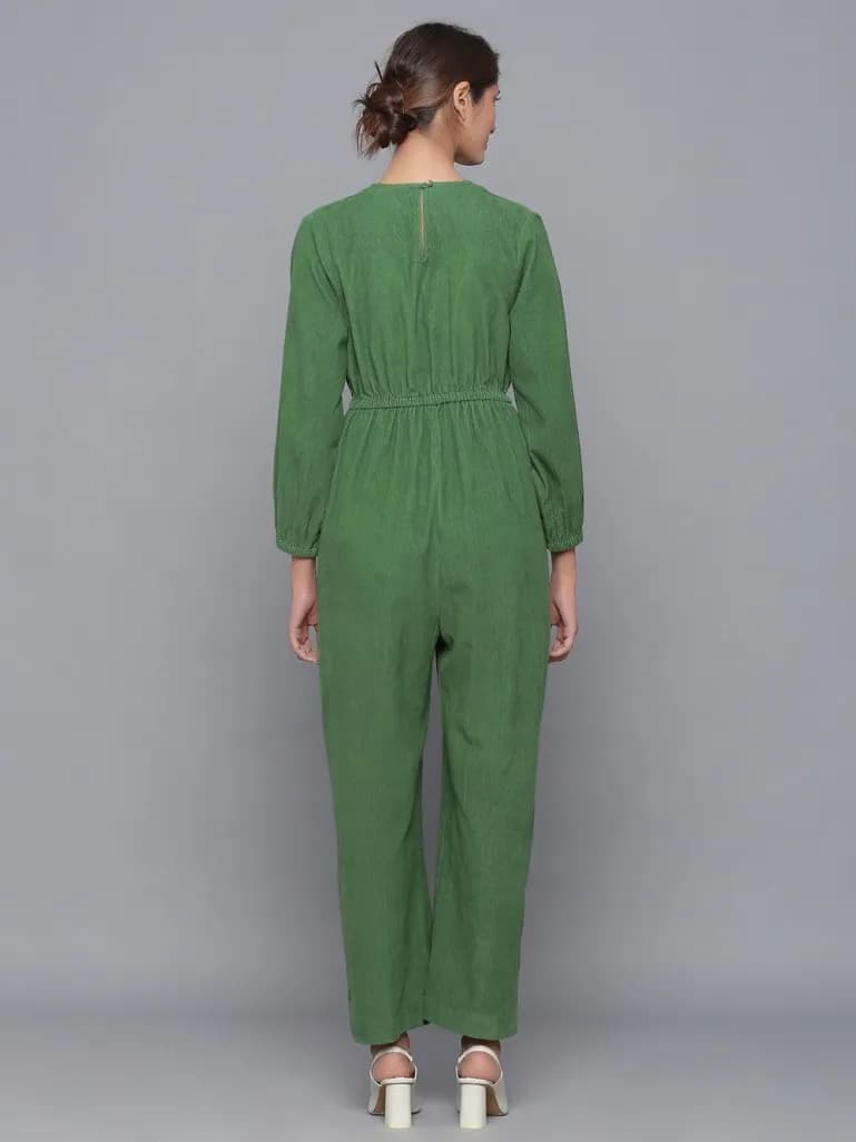 GREEN V NECK COTTON JUMPSUIT