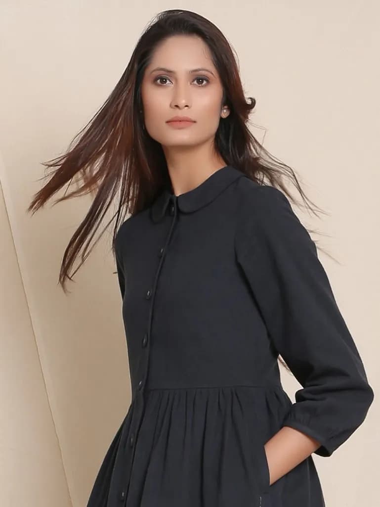 BLACK COTTON FLANNEL MIDI DRESS