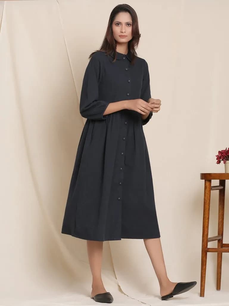 BLACK COTTON FLANNEL MIDI DRESS