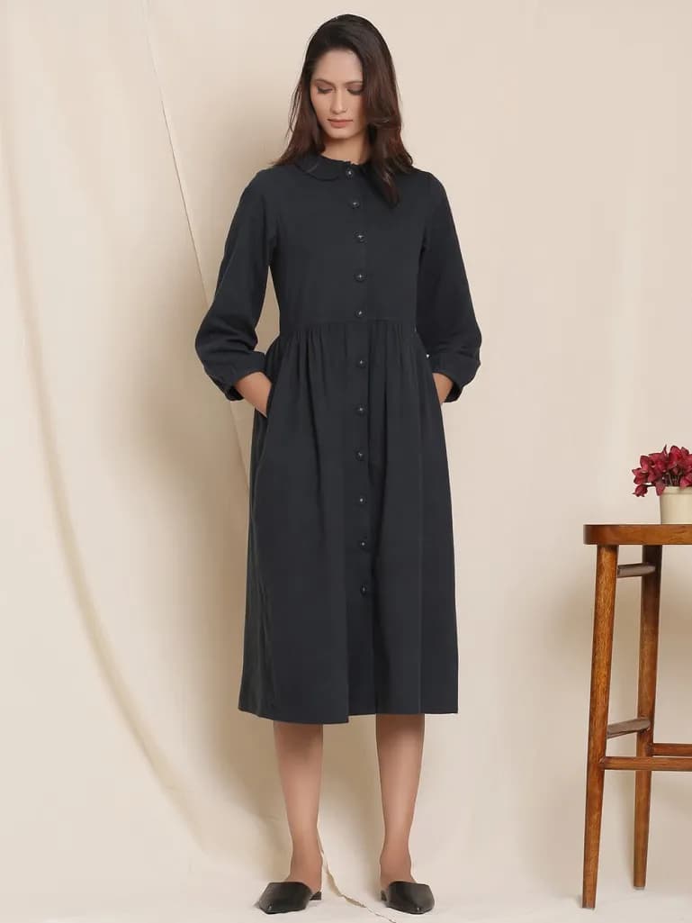 BLACK COTTON FLANNEL MIDI DRESS