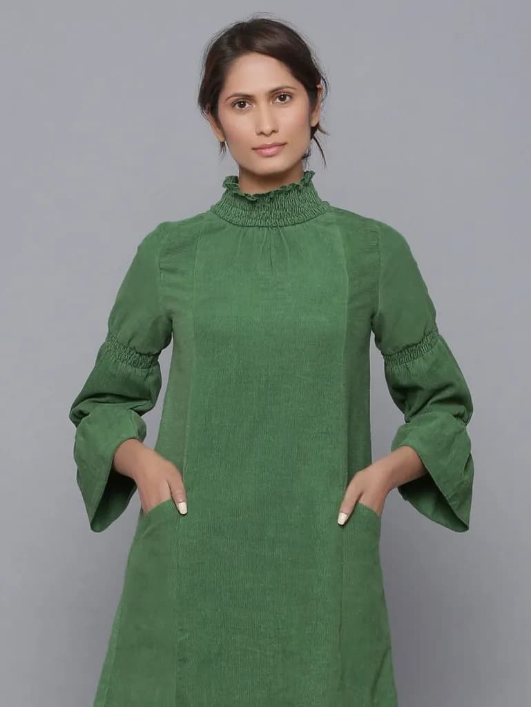 GREEN PANELLED COTTON MIDI DRESS