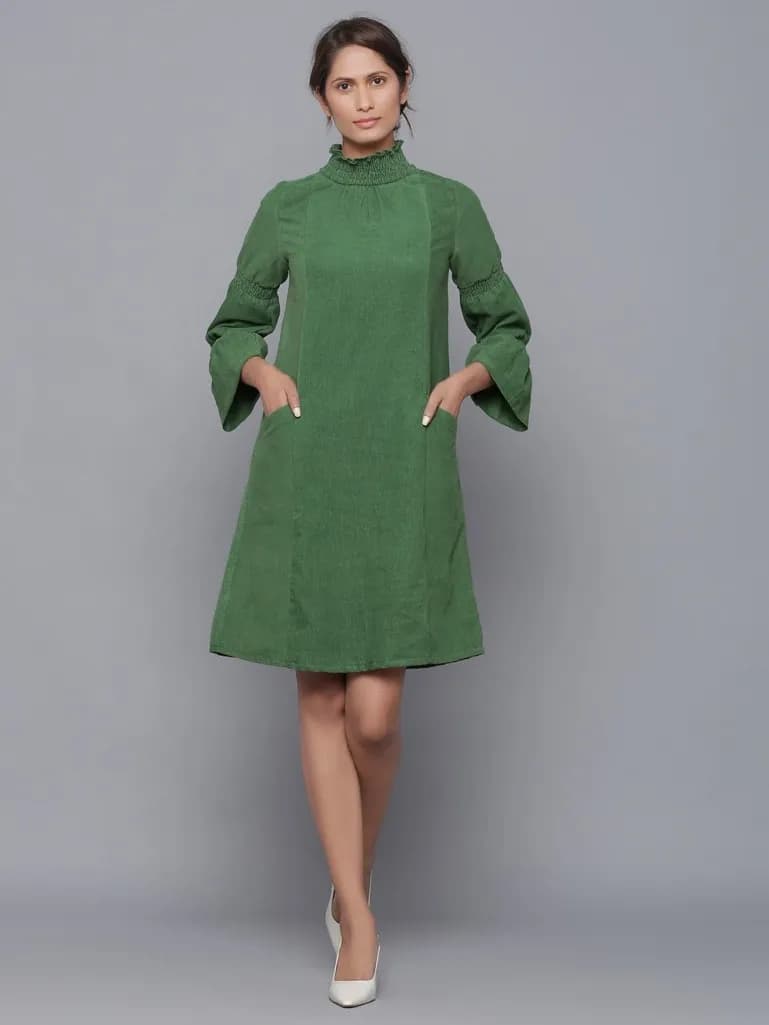 GREEN PANELLED COTTON MIDI DRESS