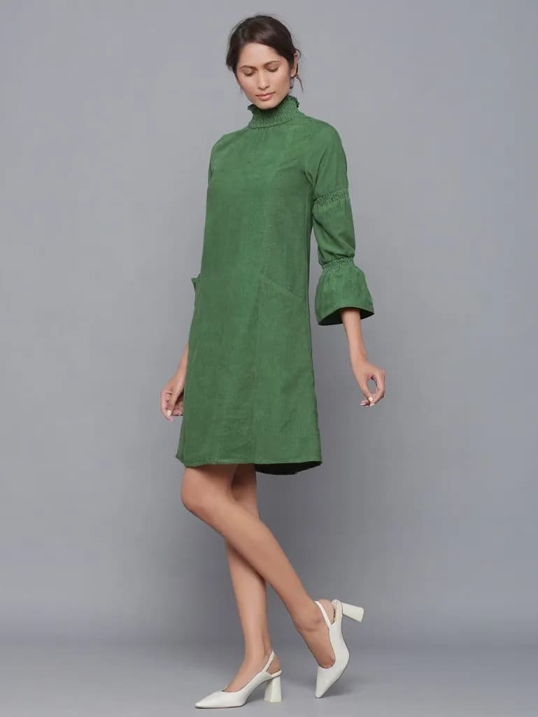 GREEN PANELLED COTTON MIDI DRESS