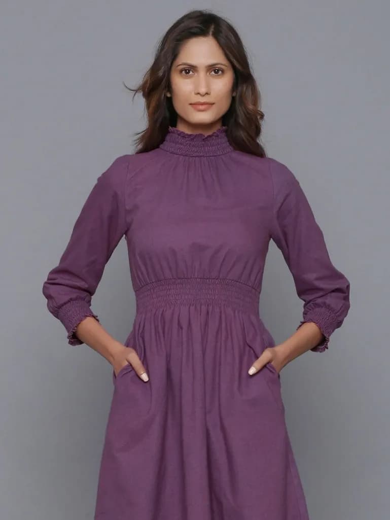 PURPLE GATHERED COTTON FLANNEL MIDI DRESS