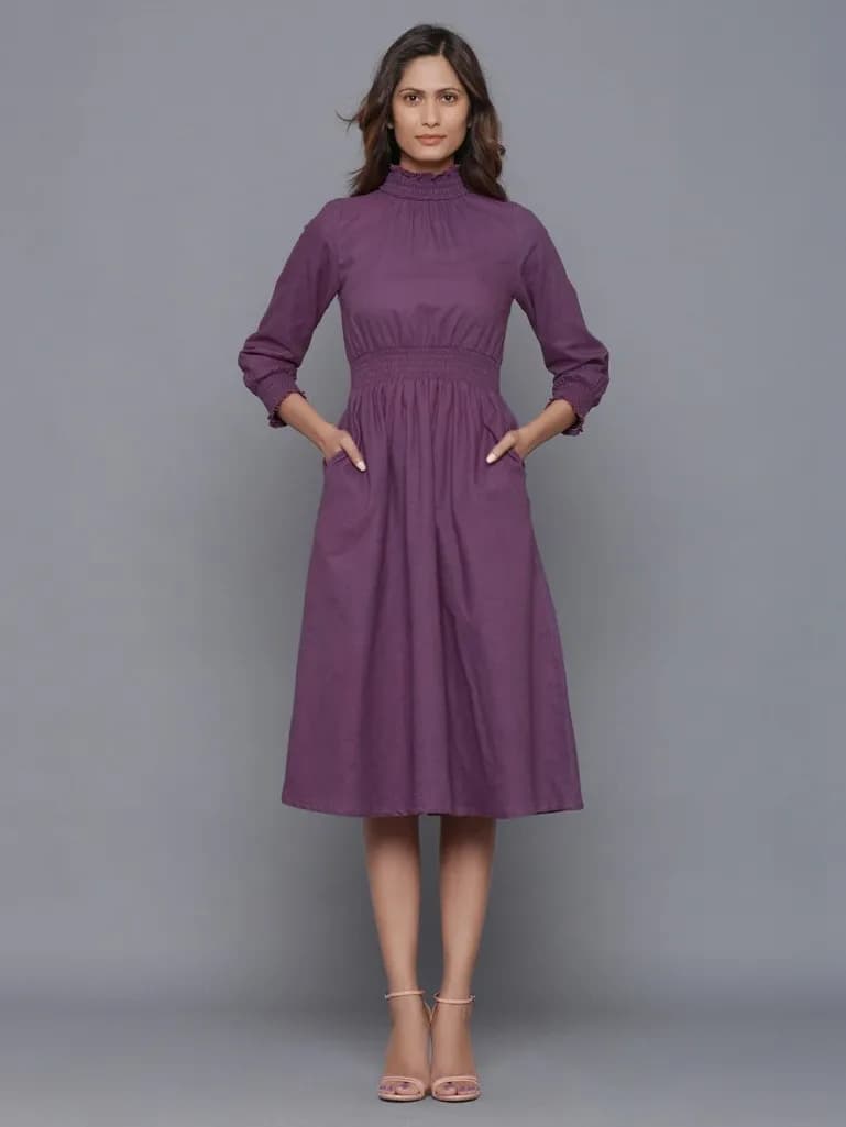 PURPLE GATHERED COTTON FLANNEL MIDI DRESS