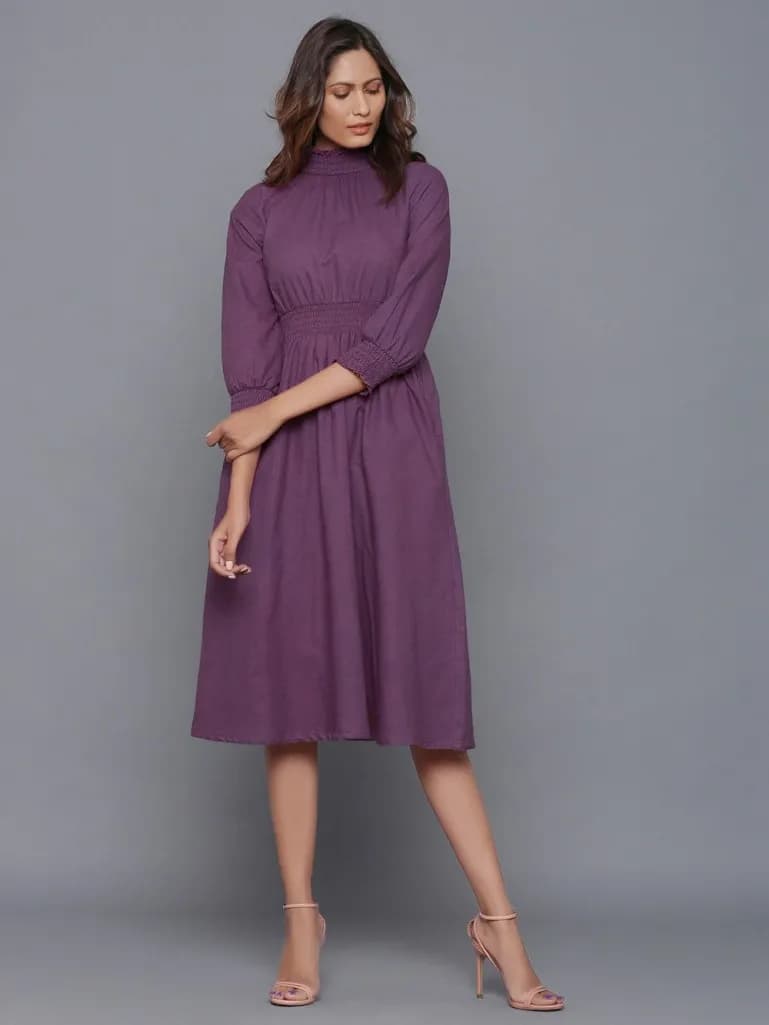 PURPLE GATHERED COTTON FLANNEL MIDI DRESS