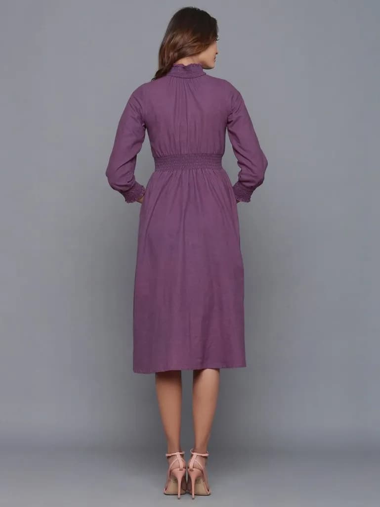 PURPLE GATHERED COTTON FLANNEL MIDI DRESS
