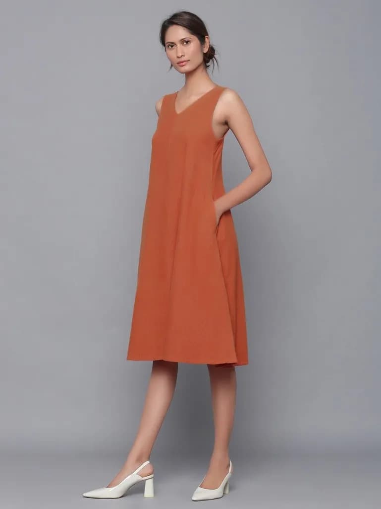 RUST COTTON MIDI DRESS
