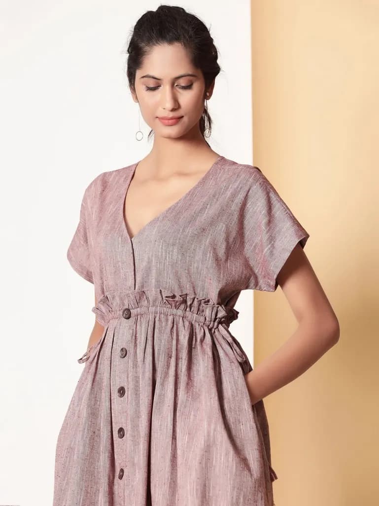 LIGHT MAROON V NECK COTTON DRESS