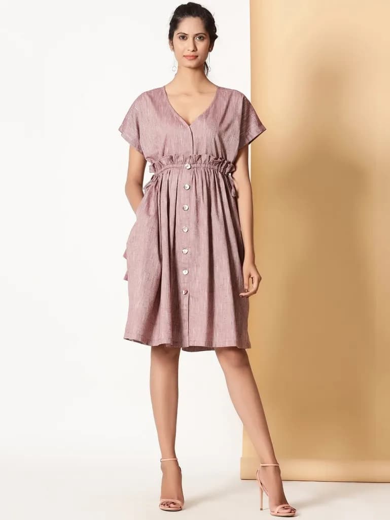 LIGHT MAROON V NECK COTTON DRESS