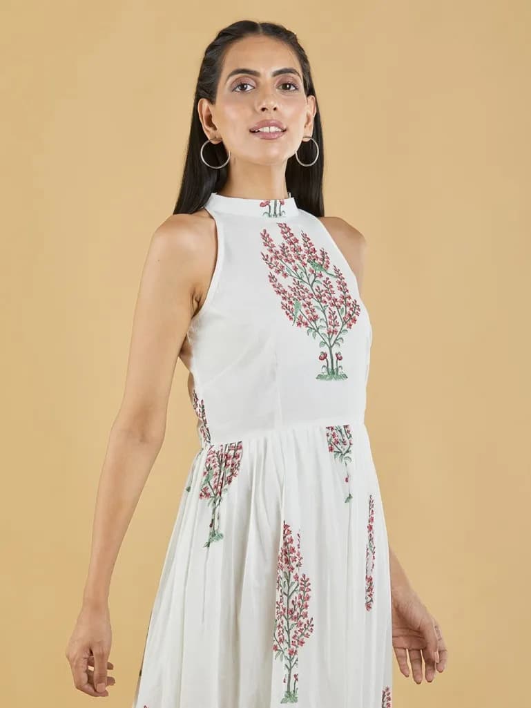 OFF WHITE BROWN HAND BLOCK PRINTED MULMUL MAXI DRESS