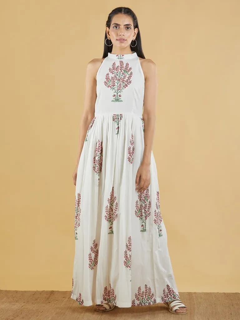 OFF WHITE BROWN HAND BLOCK PRINTED MULMUL MAXI DRESS
