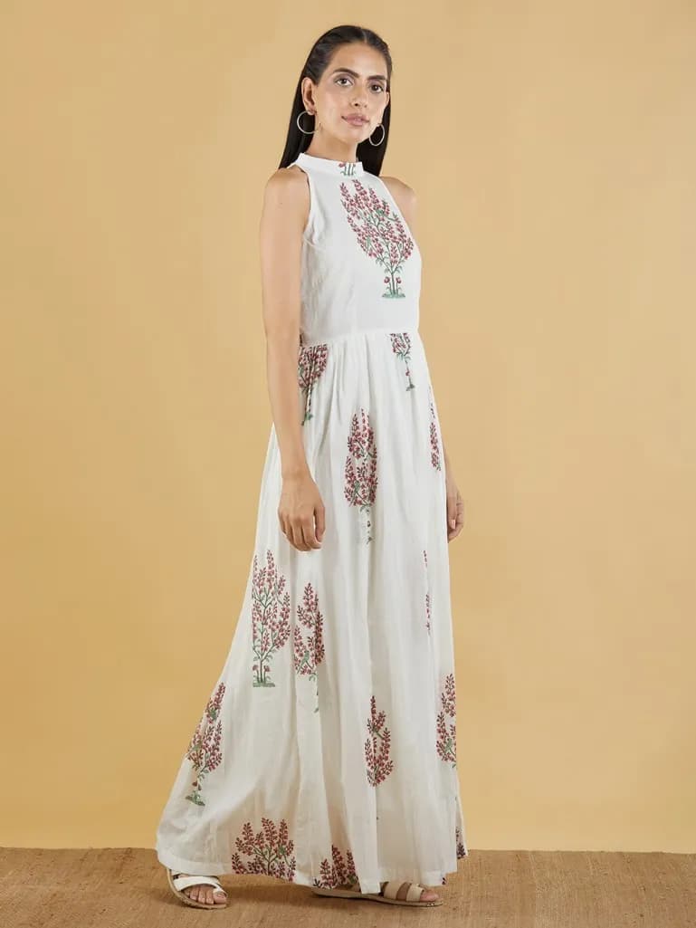 OFF WHITE BROWN HAND BLOCK PRINTED MULMUL MAXI DRESS