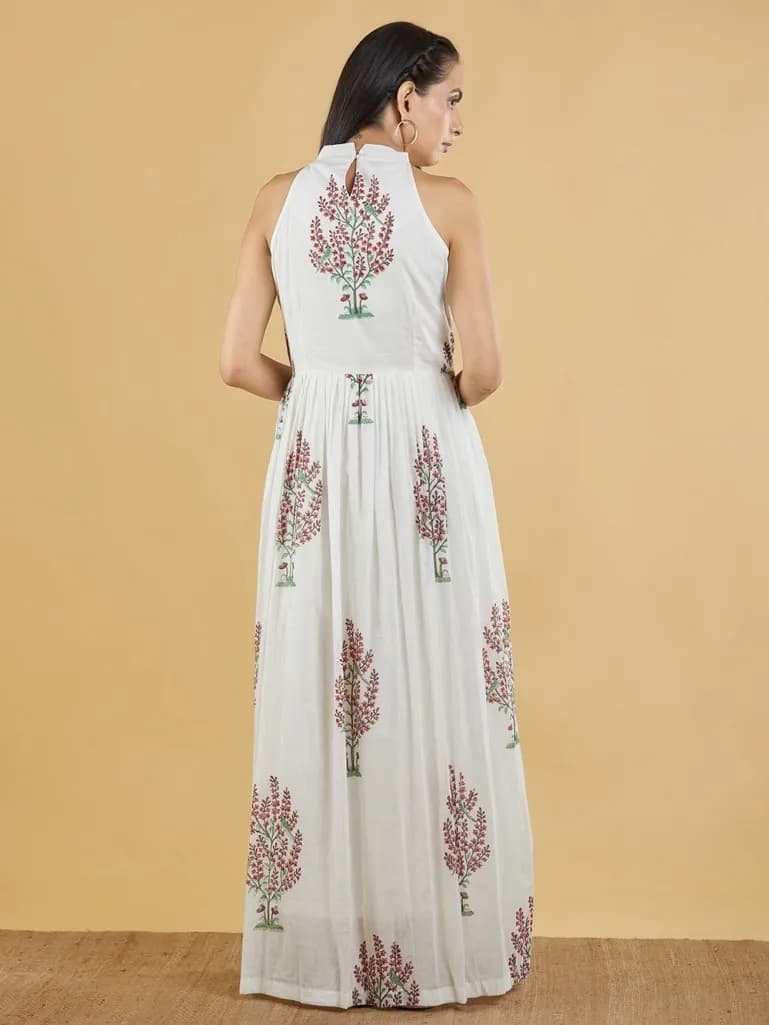 OFF WHITE BROWN HAND BLOCK PRINTED MULMUL MAXI DRESS