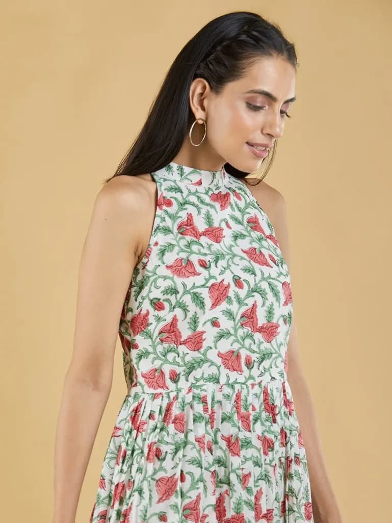 GREEN RED BROWN HAND BLOCK PRINTED MULMUL MAXI DRESS
