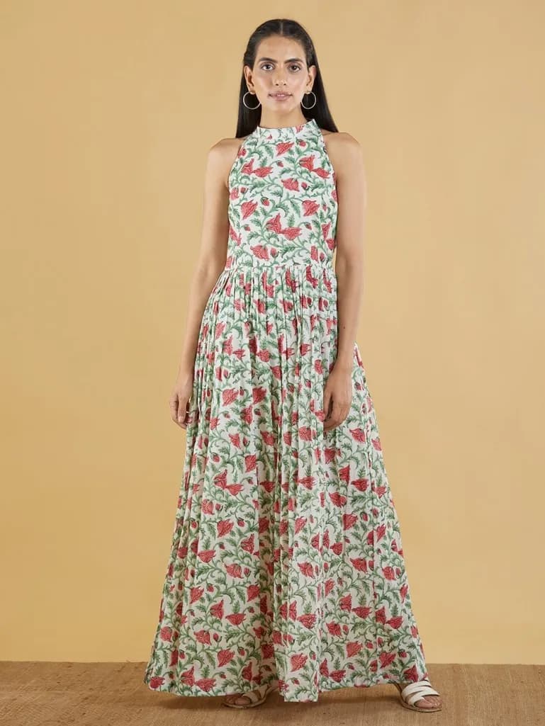 GREEN RED BROWN HAND BLOCK PRINTED MULMUL MAXI DRESS