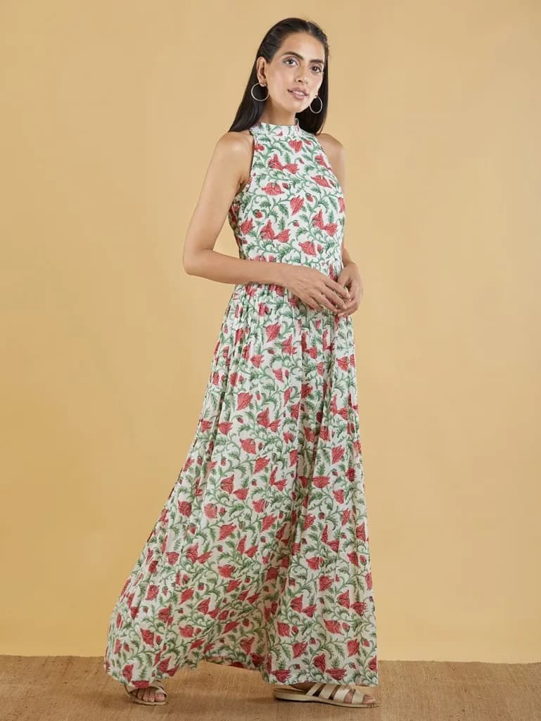 GREEN RED BROWN HAND BLOCK PRINTED MULMUL MAXI DRESS