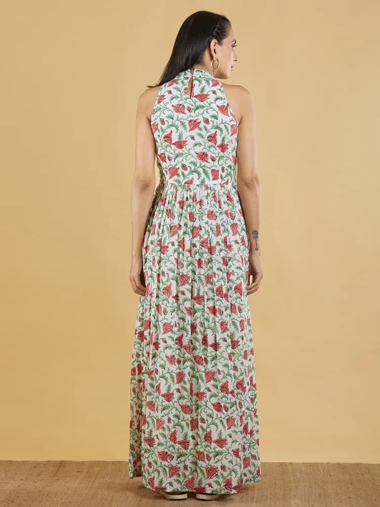 GREEN RED BROWN HAND BLOCK PRINTED MULMUL MAXI DRESS