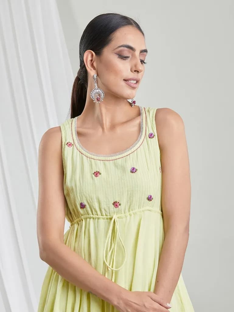 LIME GREEN COTTON EMBROIDERED COTTON DRESS