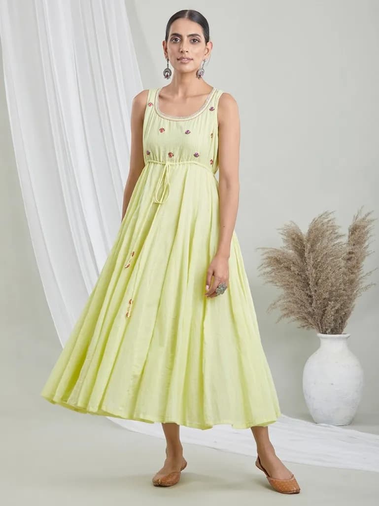 LIME GREEN COTTON EMBROIDERED COTTON DRESS