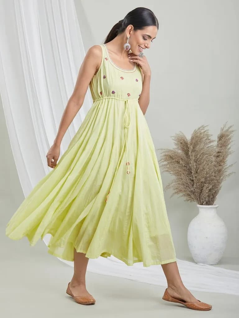 LIME GREEN COTTON EMBROIDERED COTTON DRESS