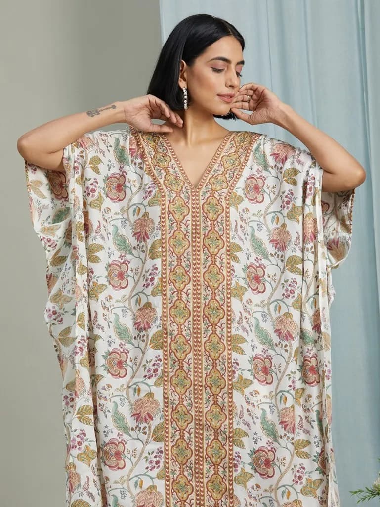OFF WHITE RED HAND BLOCK PRINTED KAFTAN