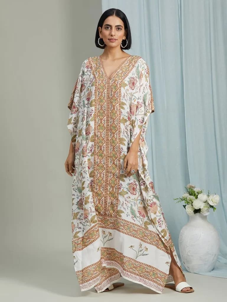 OFF WHITE RED HAND BLOCK PRINTED KAFTAN