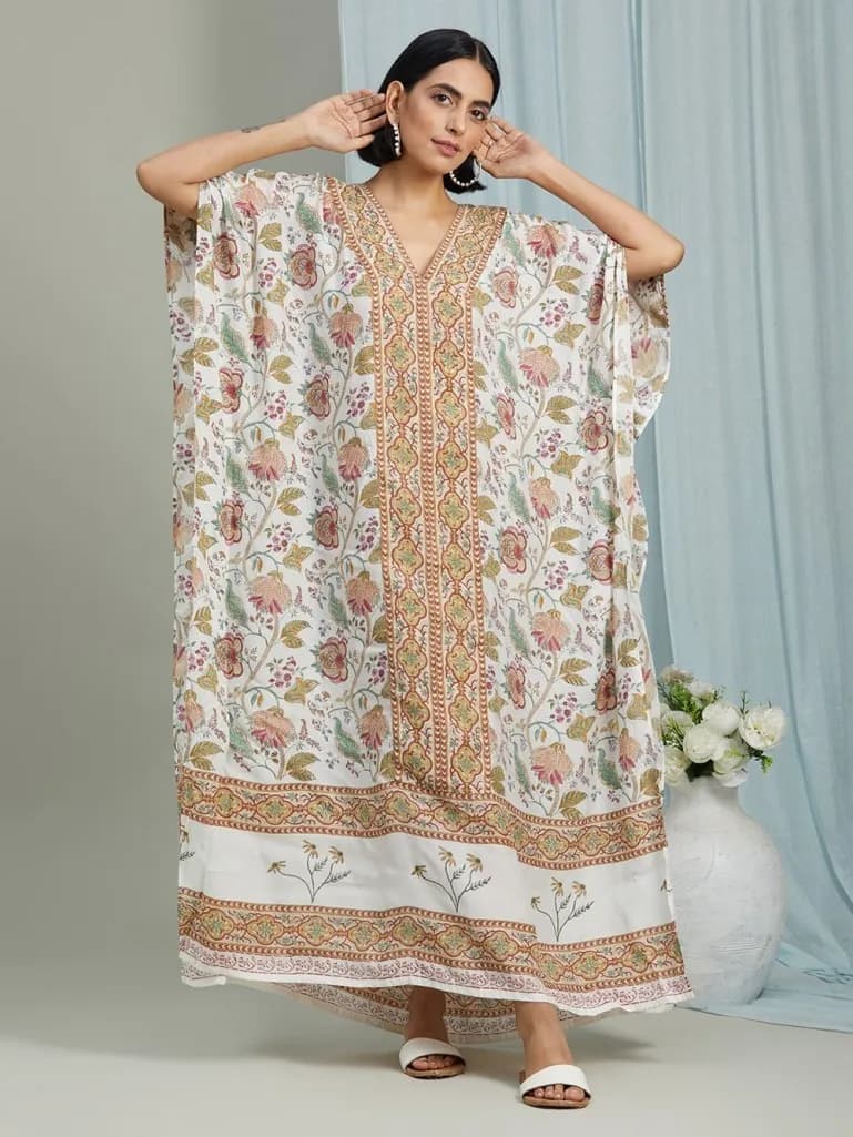 OFF WHITE RED HAND BLOCK PRINTED KAFTAN