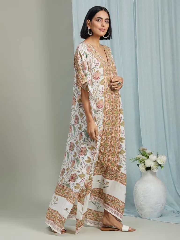 OFF WHITE RED HAND BLOCK PRINTED KAFTAN