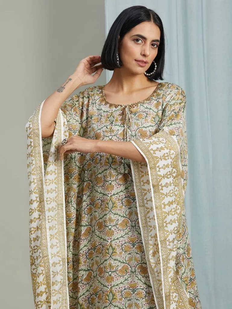 MULTI COLOR HAND BLOCK PRINTED ROUND NECK KAFTAN