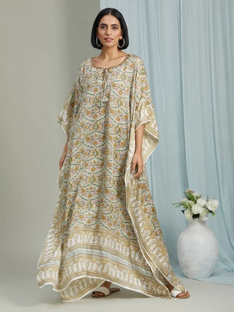 MULTI COLOR HAND BLOCK PRINTED ROUND NECK KAFTAN