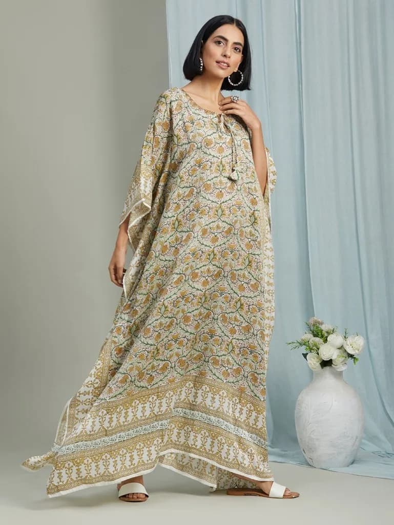 MULTI COLOR HAND BLOCK PRINTED ROUND NECK KAFTAN