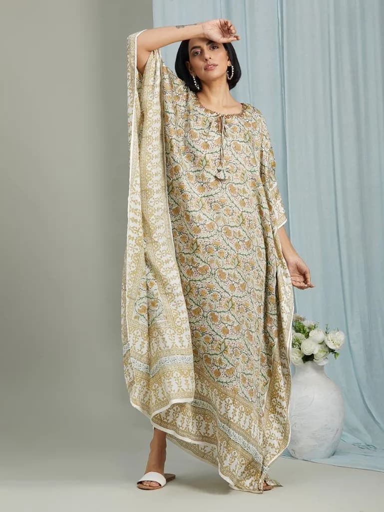 MULTI COLOR HAND BLOCK PRINTED ROUND NECK KAFTAN