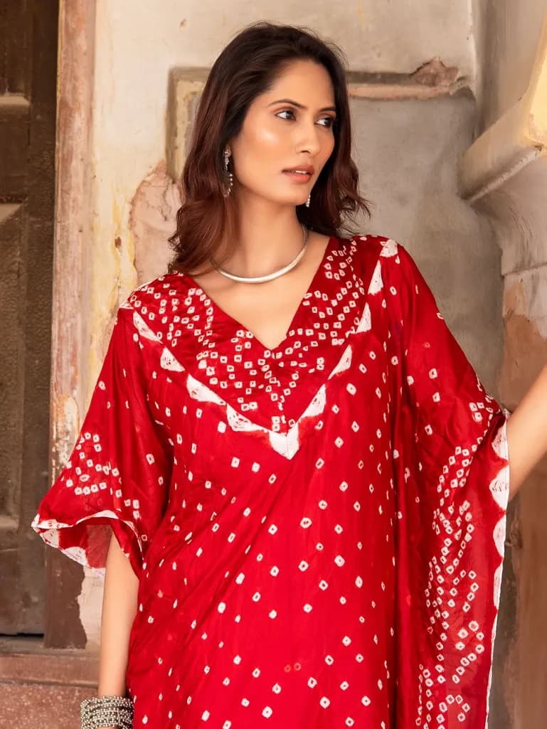 RED BANDHANI SILK BLEND KAFTAN