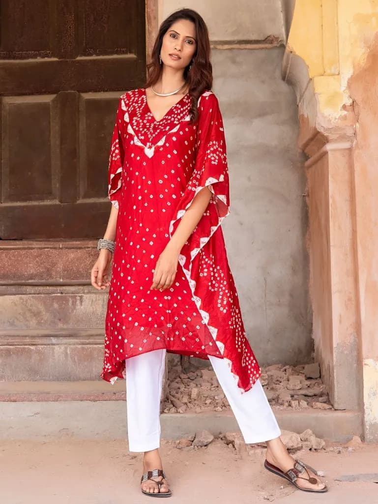 RED BANDHANI SILK BLEND KAFTAN