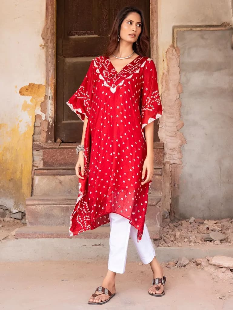RED BANDHANI SILK BLEND KAFTAN
