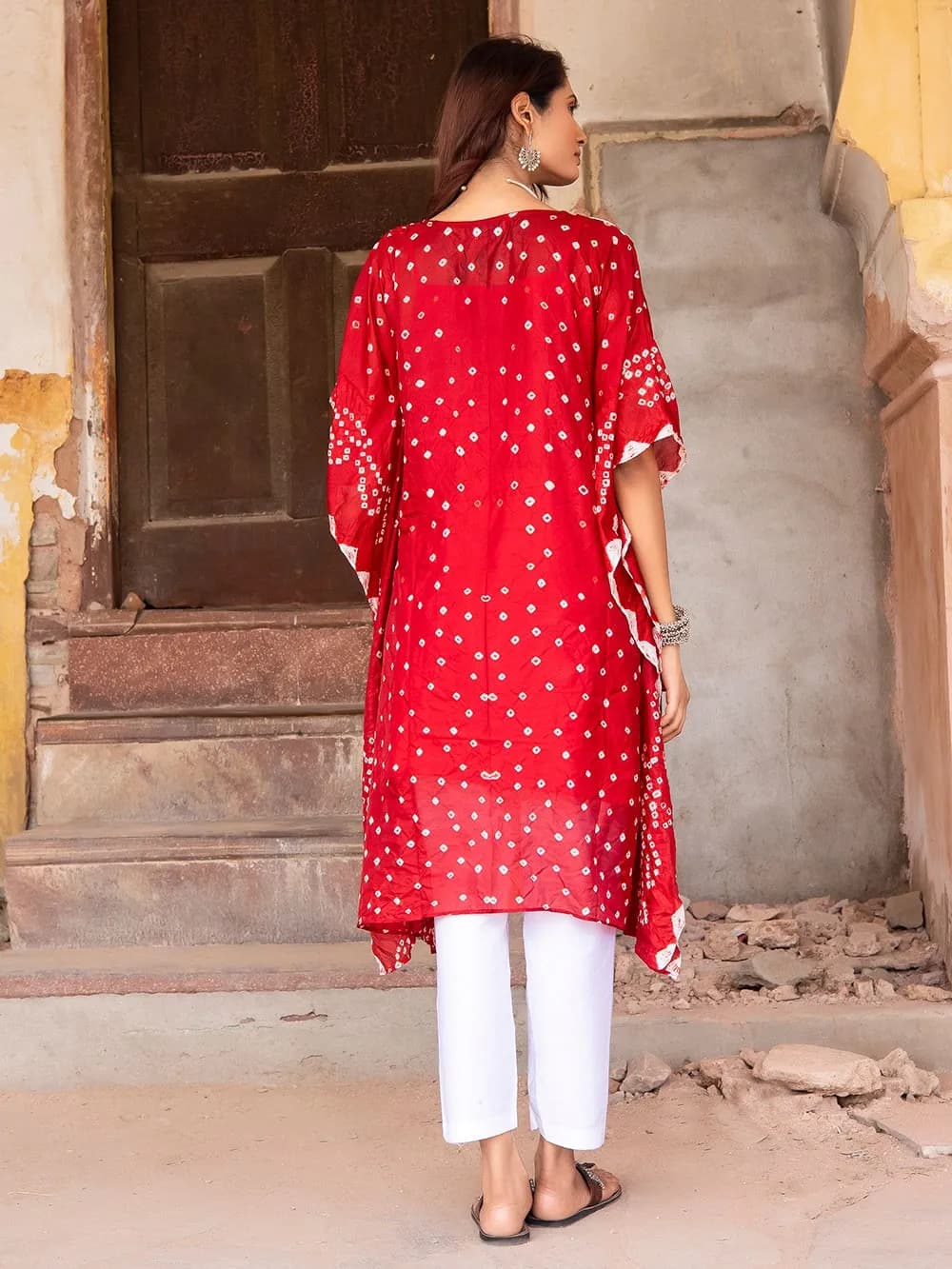 RED BANDHANI SILK BLEND KAFTAN