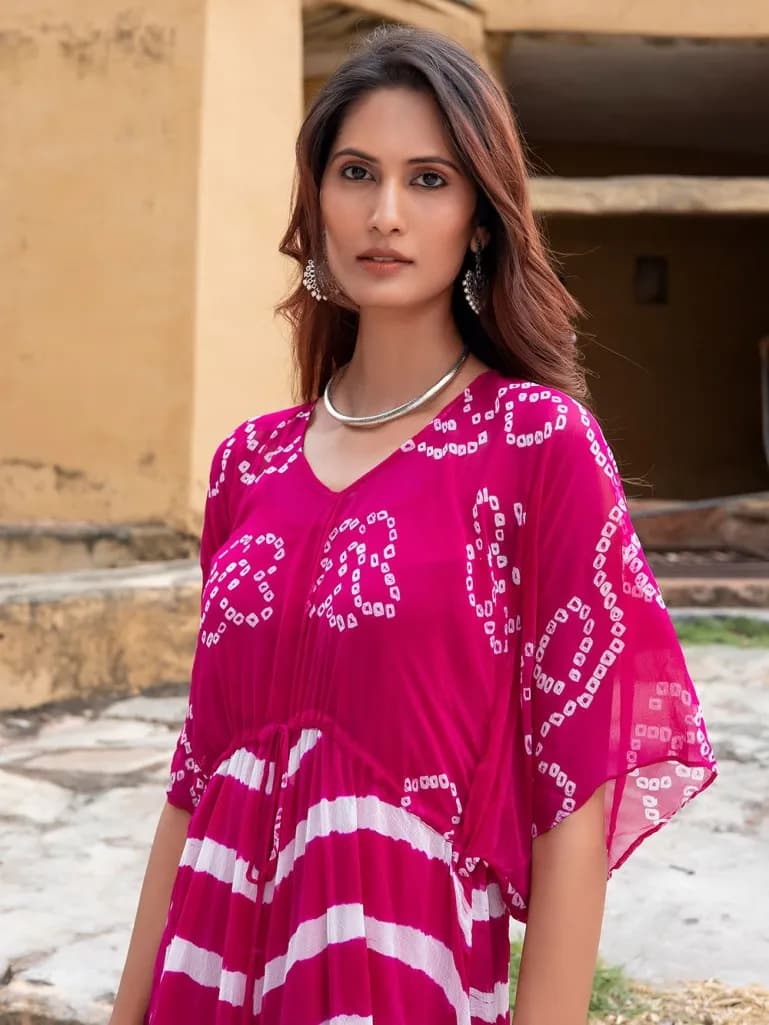 PINK AND WHITE BANDHANI SILK BLEND KAFTAN