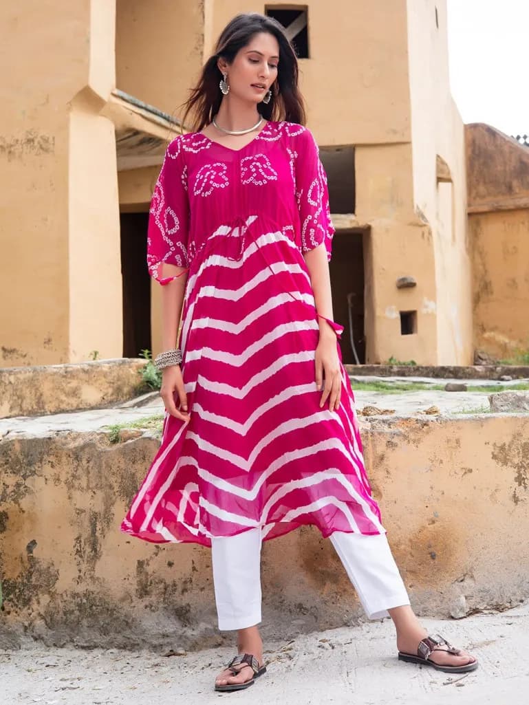 PINK AND WHITE BANDHANI SILK BLEND KAFTAN